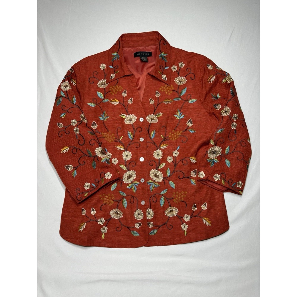 SilkLand Red Floral‎ Embroidered Lined Jacket 3/4 Sleeve 100% Silk Size XL